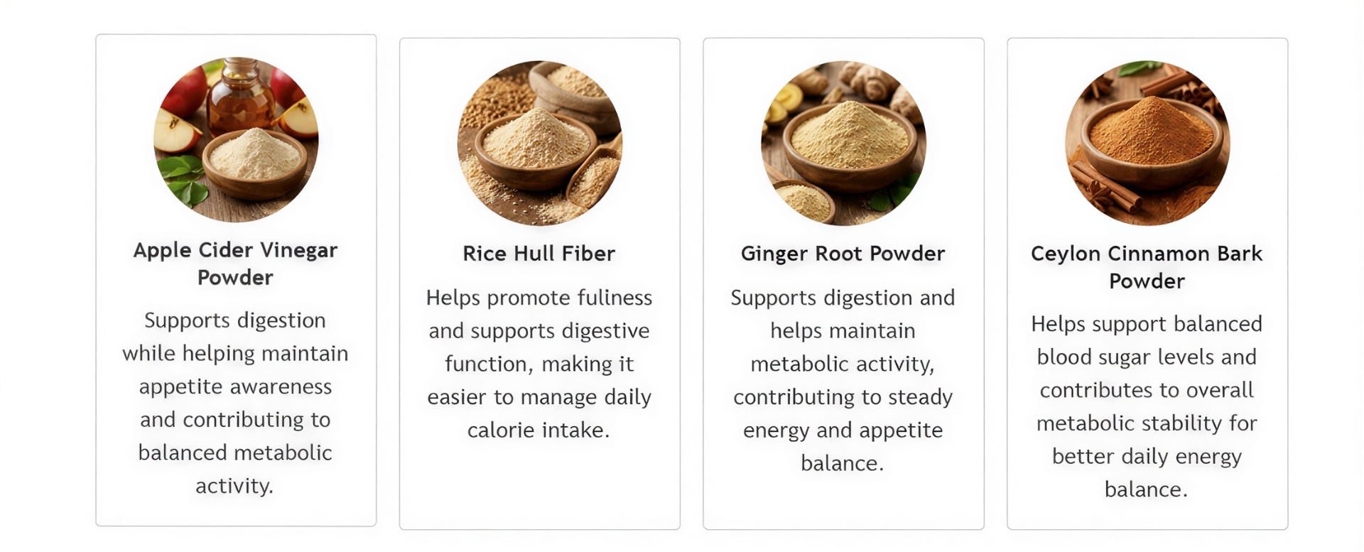 Mahgryn key ingredients including apple cider vinegar, rice hull fiber, ginger and cinnamon